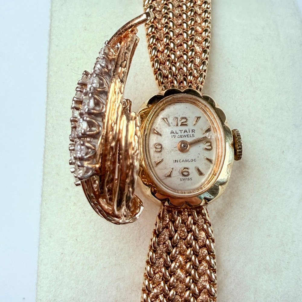 Estate 14K Solid Gold Altair Ladies Diamond Hidden Dial Bracelet Watch 1940's - Picture 4 of 16
